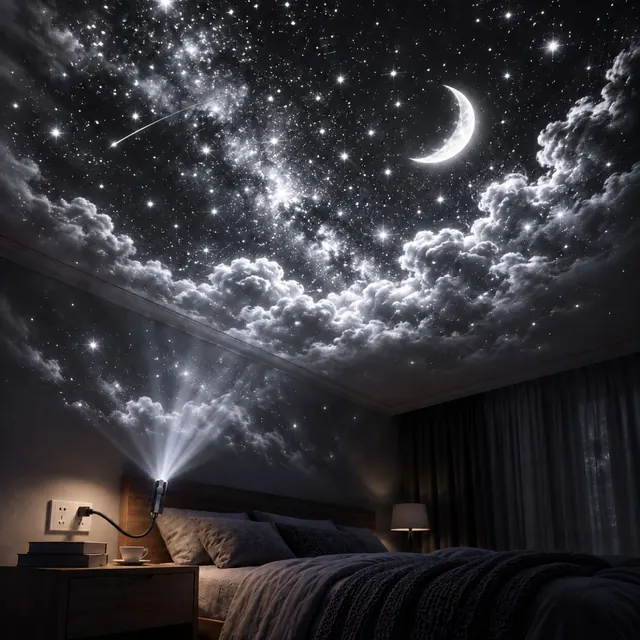 Dormitorio en penumbra con nubes y una luna proyectadas en el techo por ZoomySky